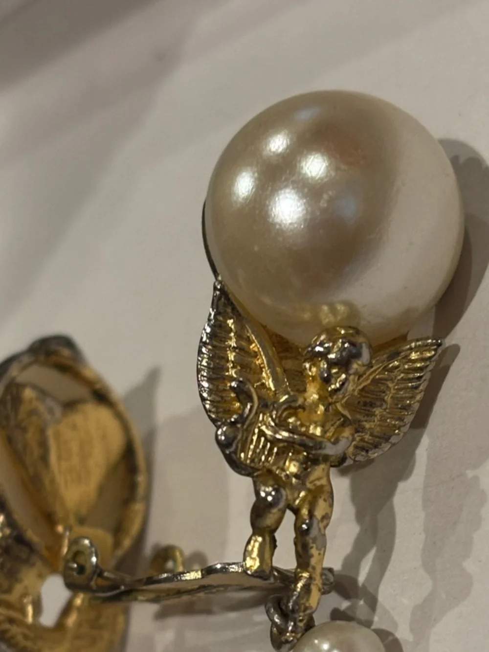 Pearl and Gold Cherub Drop Earrings